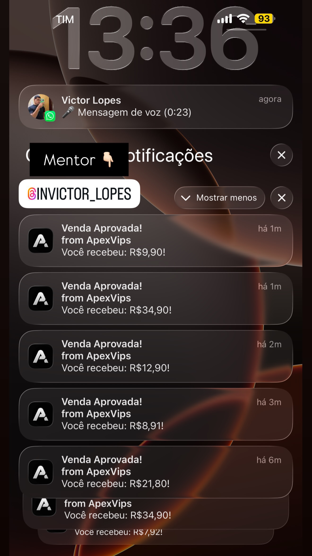 Print do painel mostrando vendas do dia